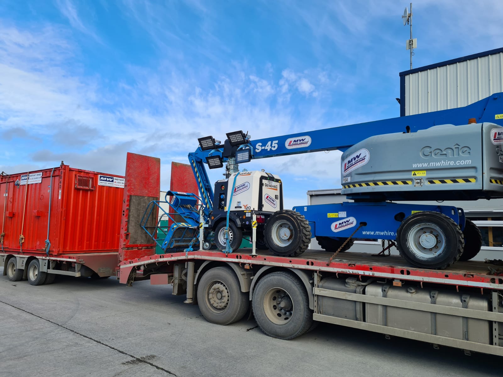 Toilet block , Genie boom & a lighting tower heading out on hire